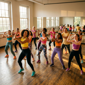 A group of Teens and Adults taking a class of commercial dance in a dancing school.