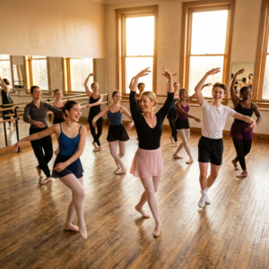 A group of Teens and Adults are dacing Ballet in a dance school.