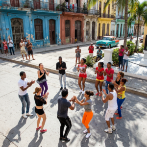 A group of couples is dancing Rueda de Casino in the streets.