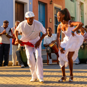 A couple is dancing Cuban Rumba in the streets of Havana.