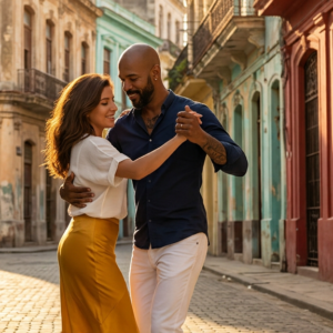 A couple is dancing Cuban Salsa in the streets of Havana.
