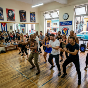 A group of people is dancing Salsa Suelta.