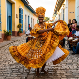 a afro cuban woman in an orange-yellow dress and hat is dancing yoruba at the streets